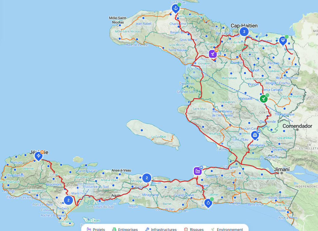 Aperçu de la carte de Flanbo Ayiti — projets, entreprises et infrastructures localisés en Haïti